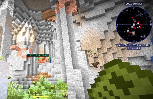 JourneyMap｜洞窟の中でも、ミニマップで自分の位置や目印が分かるので、迷いにくくなります。