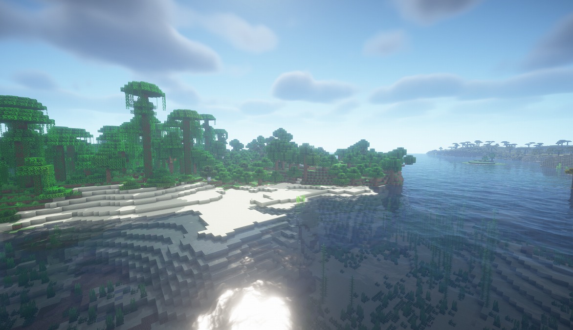 マイクラ影MOD（BSL Shader）導入後のプレイ画面