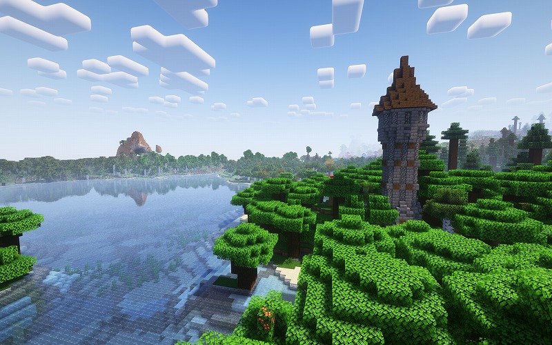 RTX5060でAll the Mods 8と影MODを導入したマイクラの湖と塔の風景(32チャンク表示)