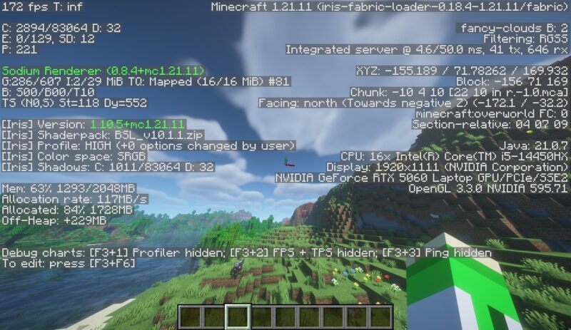 RTX5060 Laptop GPU環境で影MODを動作させたときの状態。
172FPS前後まで伸びました。