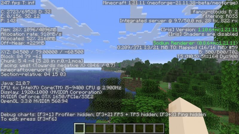 描画距離を32チャンクまで上げると
FPSは約240〜300FPS前後になりました。