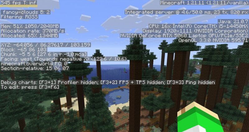 RTX5060ノートPCでバニラマイクラのFPSを測定したF3デバッグ画面