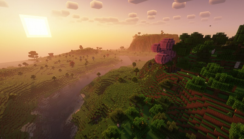 影MODを導入したマイクラの夕焼け風景(RTX5060+All the Mods 8+32チャンク)