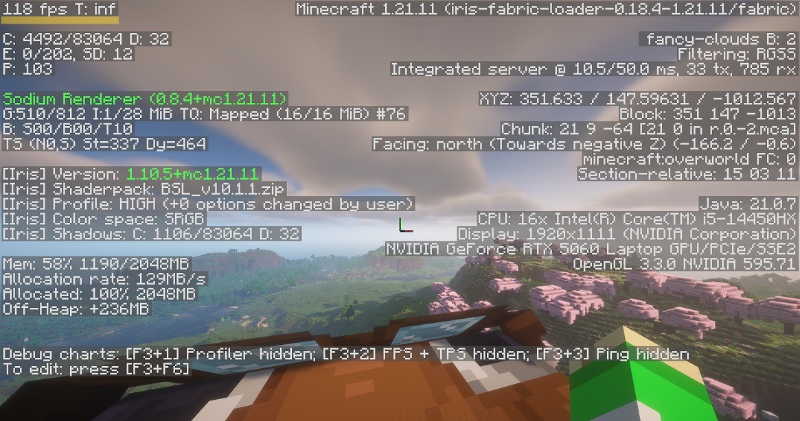 RTX5060ノートPCでBSL影MOD使用時のFPSを確認したF3デバッグ画面