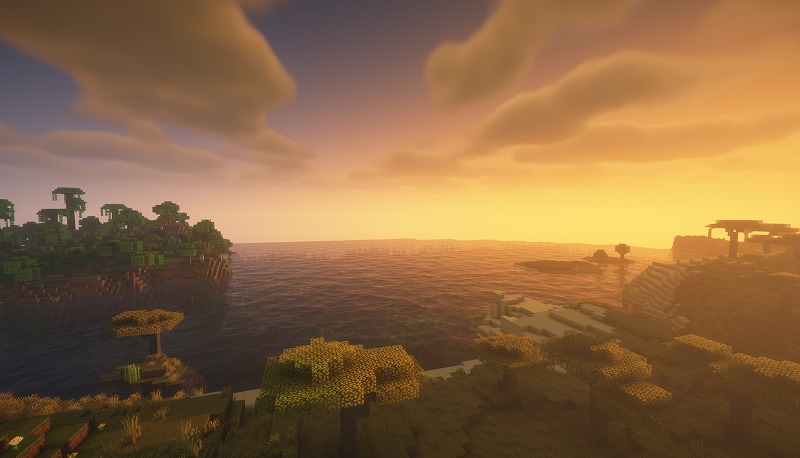 マイクラ影MOD（BSL Shader）の夕方のプレイ画面