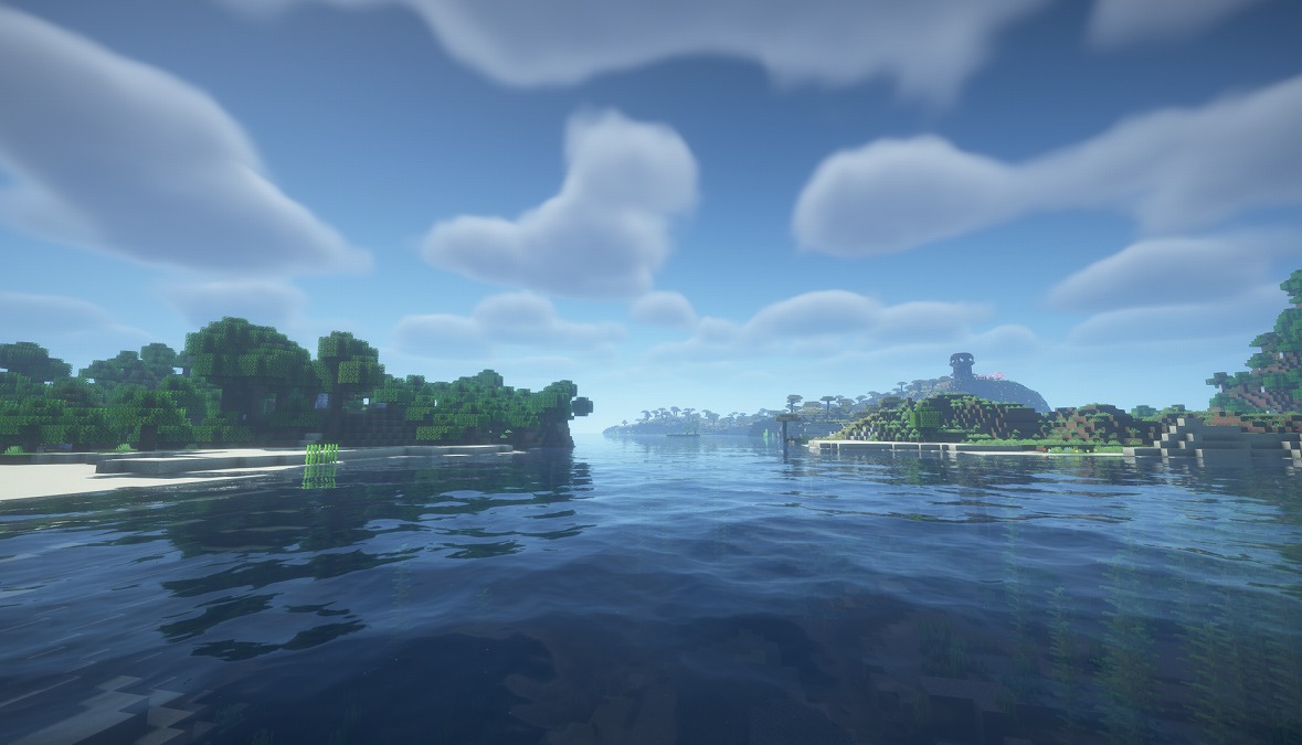 RTX5060でBSL Shaderを動作させたマイクラ画面。水面反射や遠景描画を含む影MOD実測
