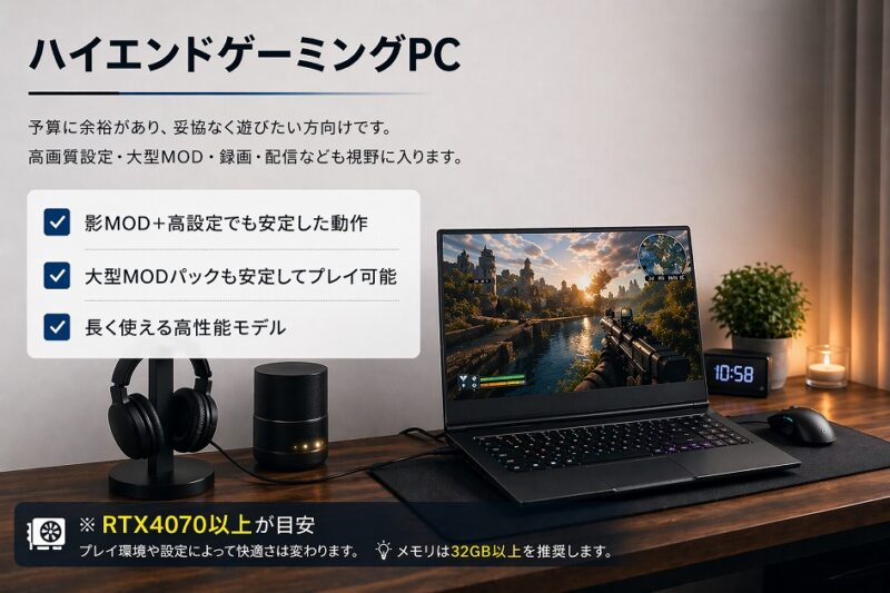 ハイエンドPCスペック解説画像。RTX4070以上で大型MODと影MODに対応しやすい上位モデル構成