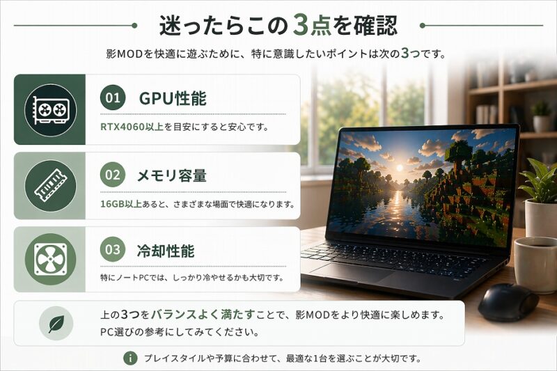 マイクラ影MOD向けPC選びの3ポイント解説画像。GPU性能、メモリ容量、冷却性能をまとめた最終チェック画像