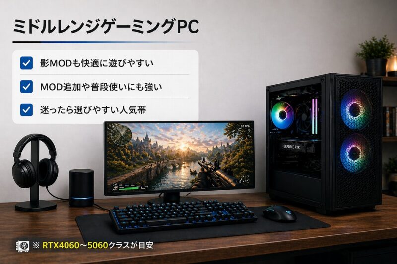 ミドルレンジPCスペック解説画像。RTX4060からRTX5060クラスで影MODを快適に遊びやすいおすすめ構成