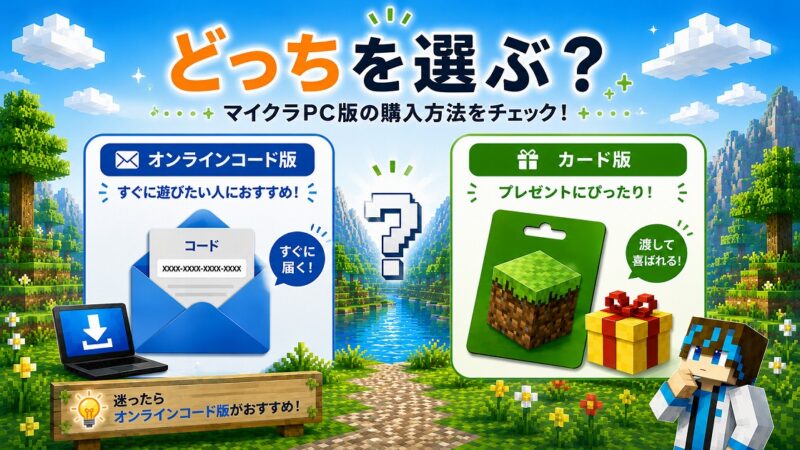 マイクラPC版のオンラインコード版とカード版の違いを比較した図解。すぐ遊びたい人向けのオンラインコード版と、プレゼント向けのカード版を分かりやすく紹介している。