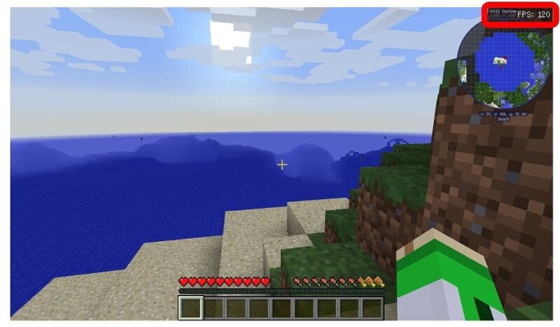 寄生虫MODとゲリラMODを導入したマイクラ環境でRTX5060使用時のFPS120のプレイ画面