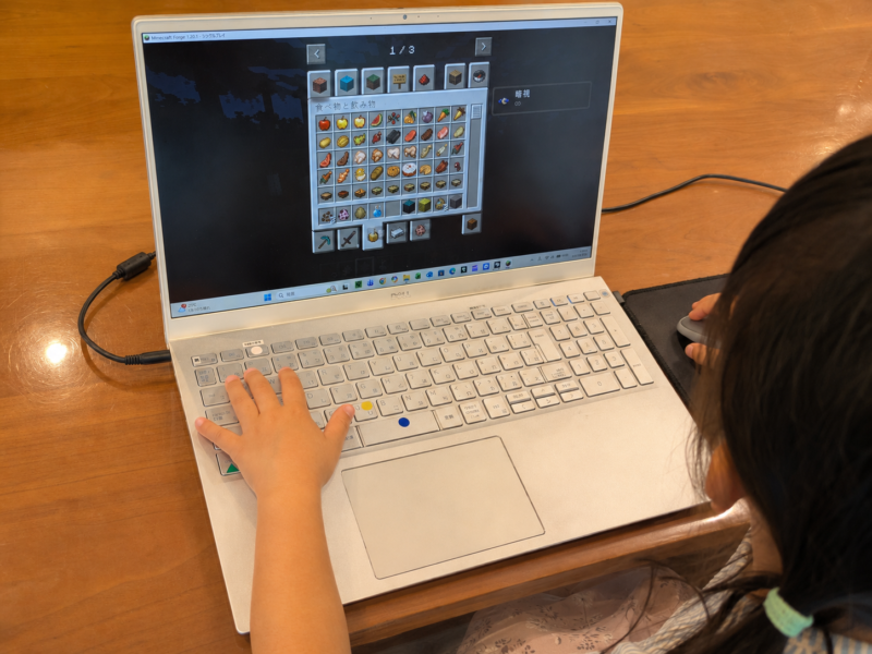 普通のノートPCでMinecraftとPythonを楽しむ子どもの様子