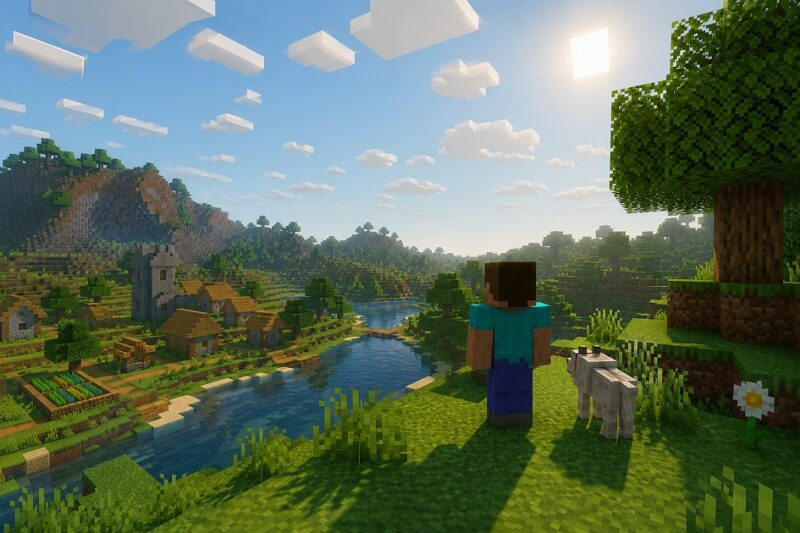 MODなしのMinecraftワールドを見渡すプレイヤーとオオカミ。村や川が広がるバニラ環境の風景