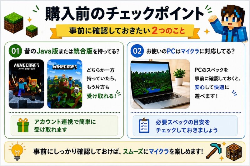 マイクラPC版を購入する前に、 「既にライセンスを持っていないか」と「PCスペックが対応しているか」を確認しておくと安心です。
