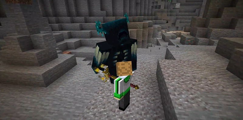 マイクラSimply Swordsの武器でウォーデンと戦うプレイヤー