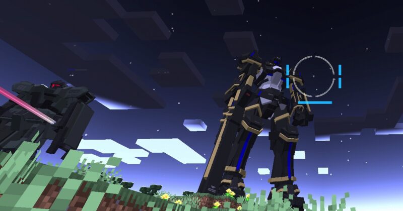 マイクラのPomkots Mechs Extension Packで巨大ロボットに乗っている様子