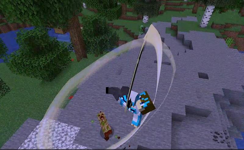 Epic Fightで空中コンボを繰り出し、クリーパーを斬り上げる戦闘シーン。アクション性の高いマイクラMODのプレイ画面