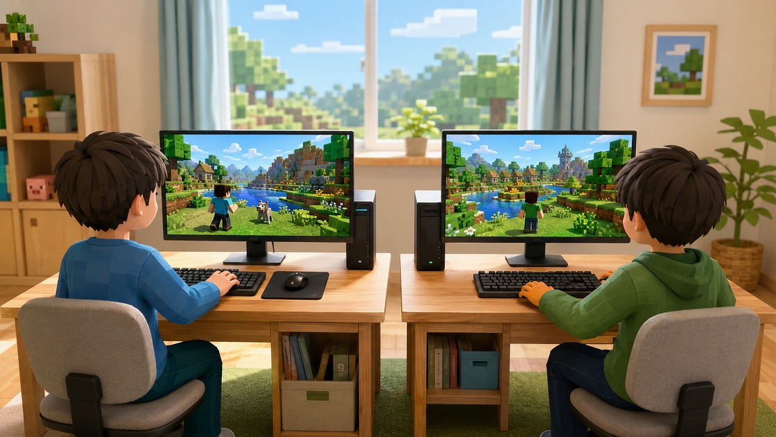 兄弟が別々のPCから同じワールドでマイクラを遊ぶイメージ
