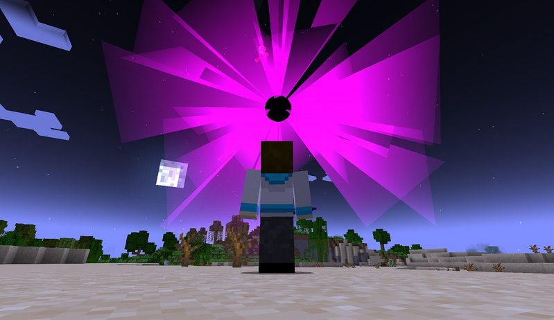 マイクラ魔法MOD「Iron's Spells 'n Spellbooks」のBlack Holeで紫色の光がブラックホールへ集まる様子