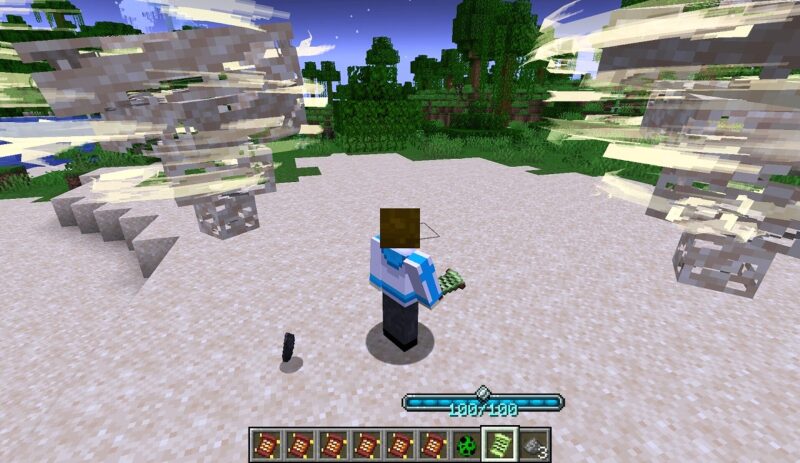 マイクラ魔法MOD「Cataclysm: Spellbooks」のSandstormでプレイヤーの周囲に複数の大きな竜巻が出現する様子
