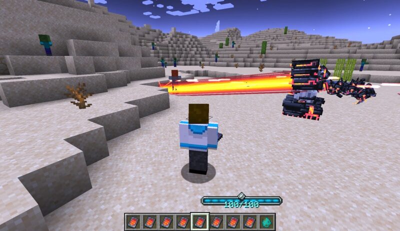 マイクラ魔法MOD「Cataclysm: Spellbooks」のConstruct Prowlerが敵に炎のようなビームで攻撃している様子