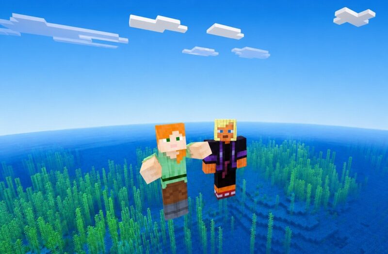 Windows PC2台で親子がMinecraft統合版の同じワールドで遊んでいる画面