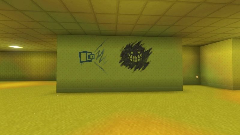 マイクラ統合版BACKROOMS Add-Onの黄色いロビーに描かれた、カメラとスマイラーを思わせる壁絵