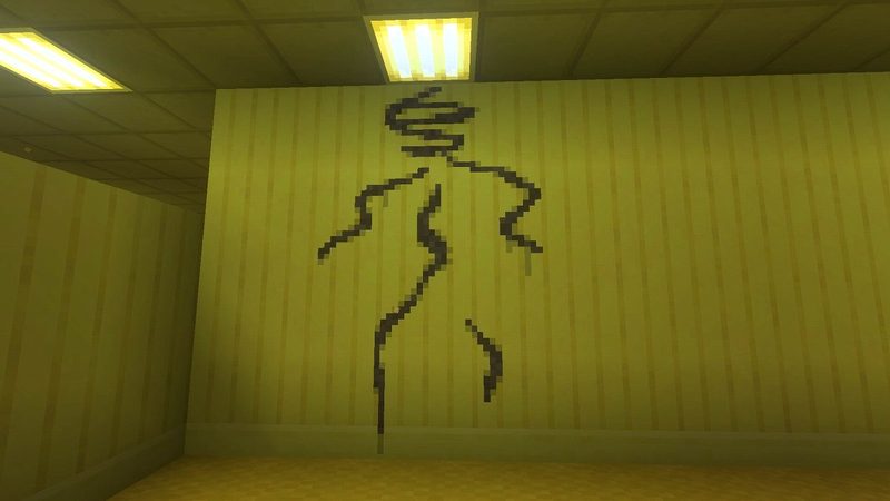 マイクラ統合版BACKROOMS Add-Onの黄色いロビーに描かれた、細長い手足を持つバクテリアのような黒い落書き