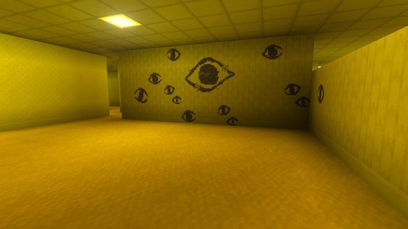マイクラ統合版BACKROOMS Add-Onの黄色いロビーで発見した、壁一面にたくさんの目が描かれた不気味な場所