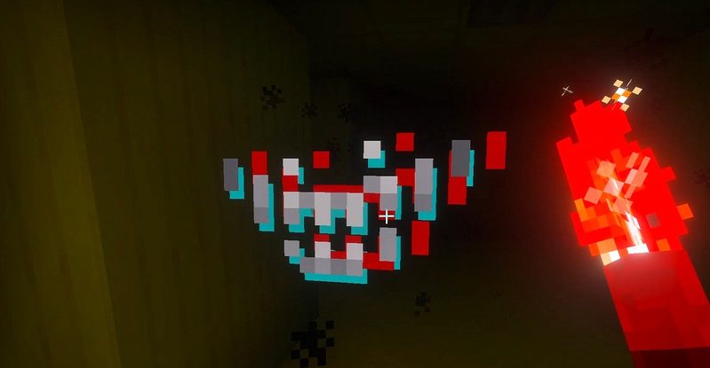 マイクラ統合版BACKROOMS Add-Onで、フレアを持って近づいたスマイラーの顔が赤と青にずれて表示された様子