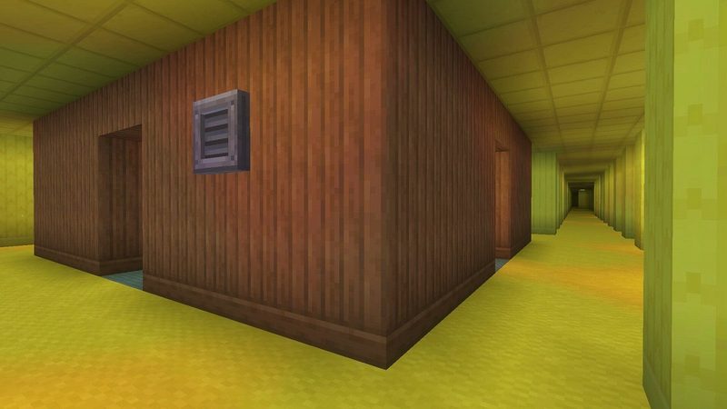 マイクラ統合版BACKROOMS Add-Onの黄色いロビーで見つけた茶色い壁のオフィス