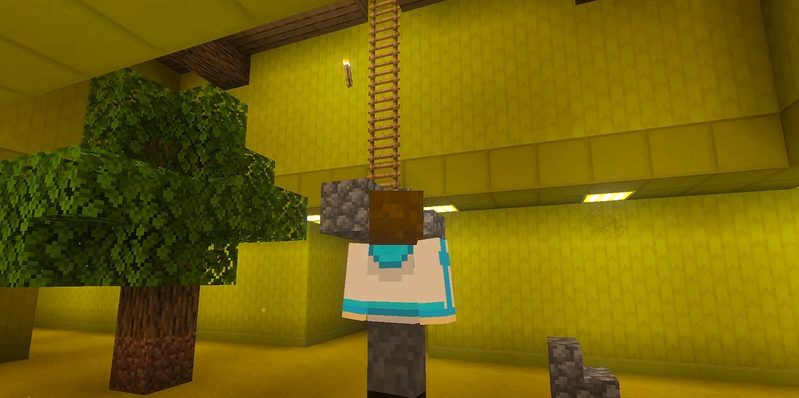マイクラ統合版BACKROOMS Add-Onの黄色いロビーにある、農場へ続くはしごと丸石の足場